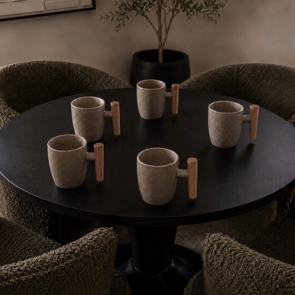 5 Nat & Jule's Stone Finish Mugs with wooden handle…mid century modern look